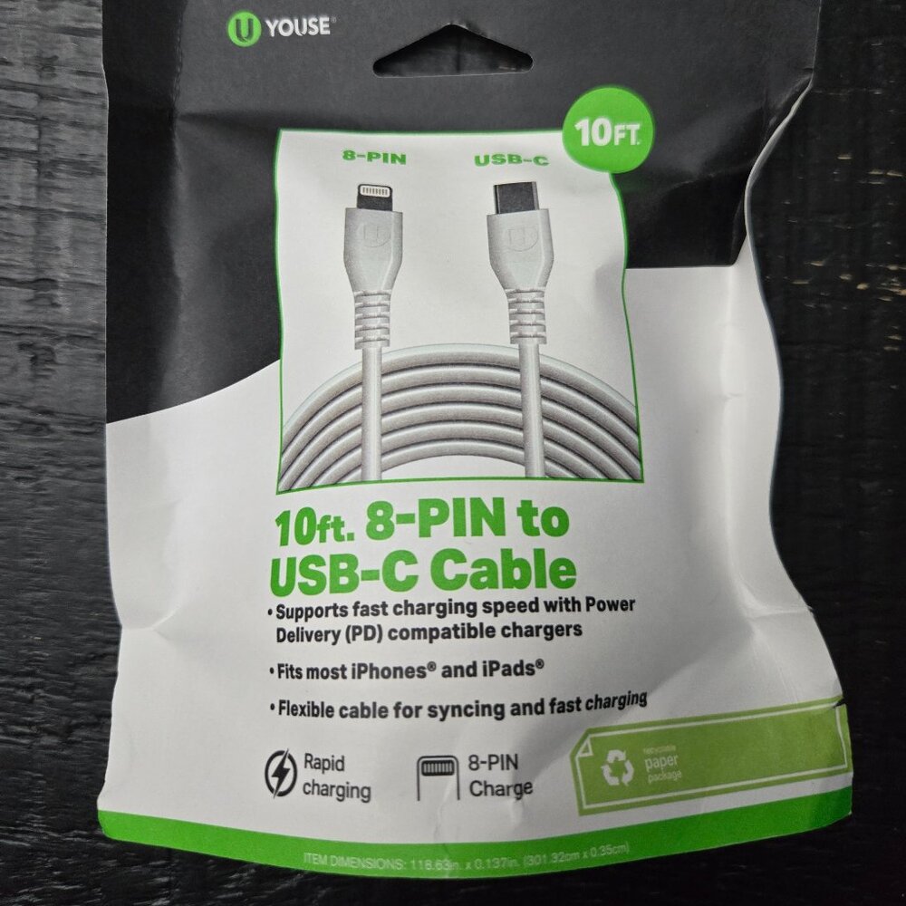Youse- 10 foot USB cable. 8-pin to USB C, Fast Charging cable. iPads, iPhones.